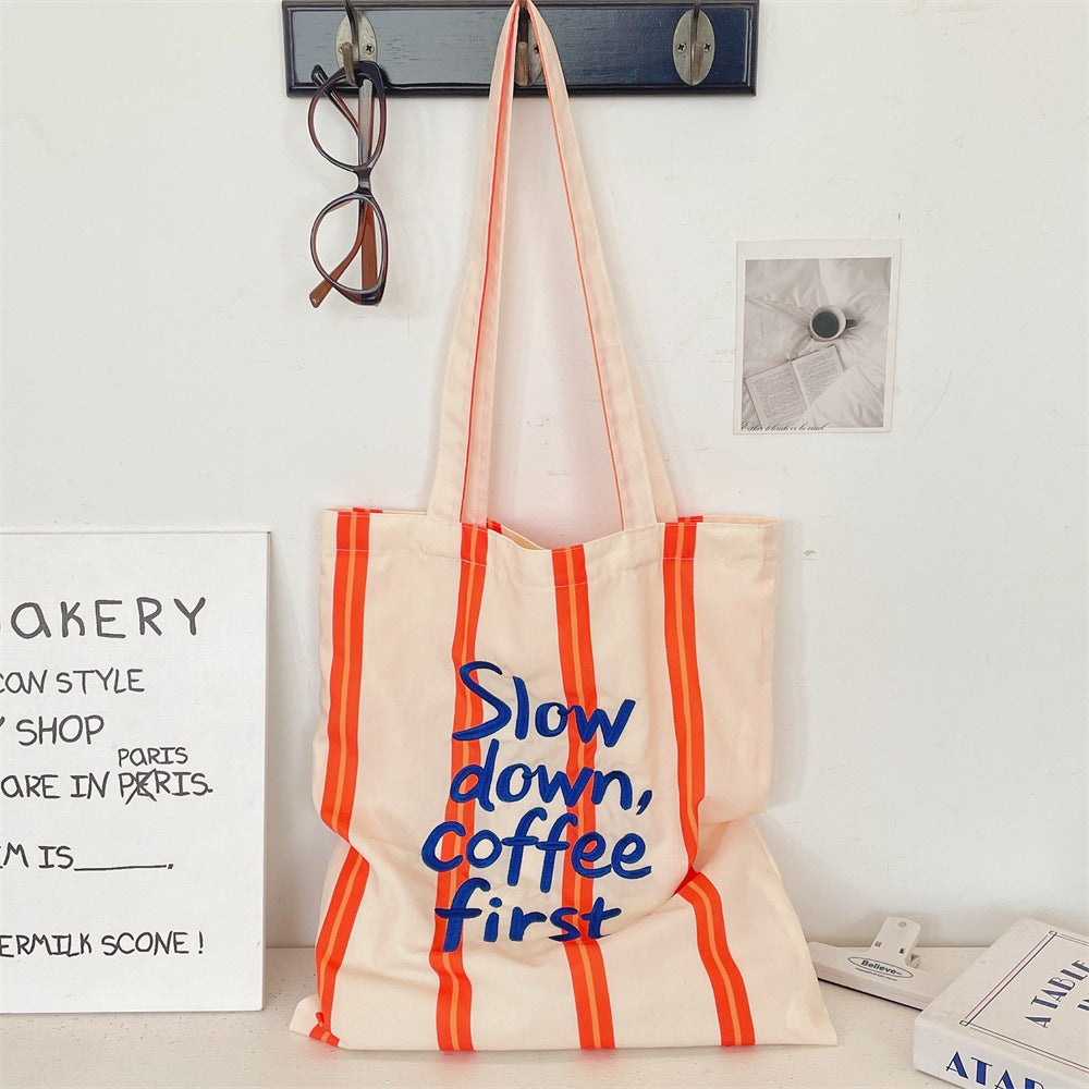 Slow Down, Coffee First Striped Tote Bag