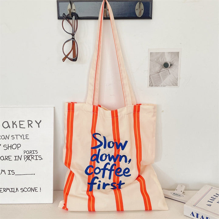Slow Down, Coffee First Striped Tote Bag