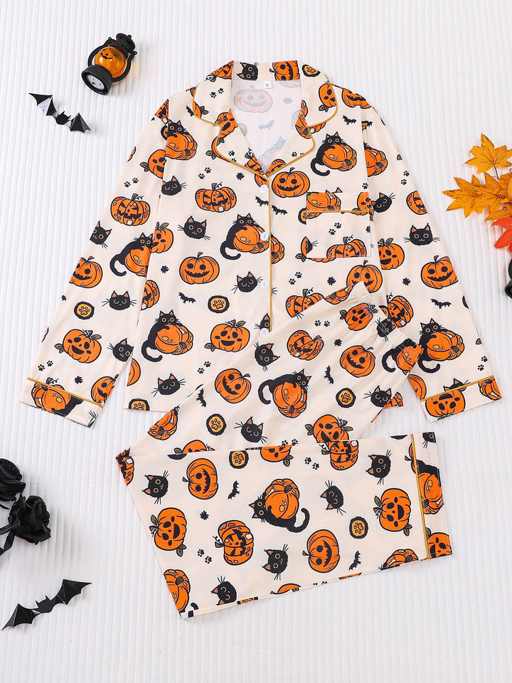 Spooky Cat & Pumpkin Long Sleeve Pajama Set