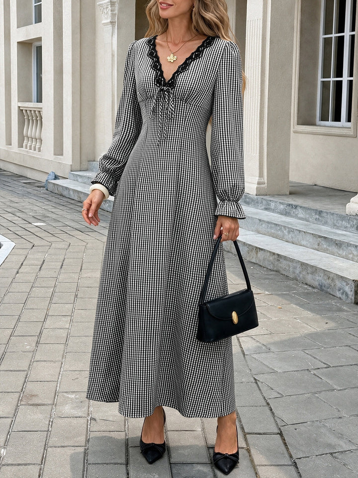 Gingham Lace Trim Long Sleeve Maxi Dress