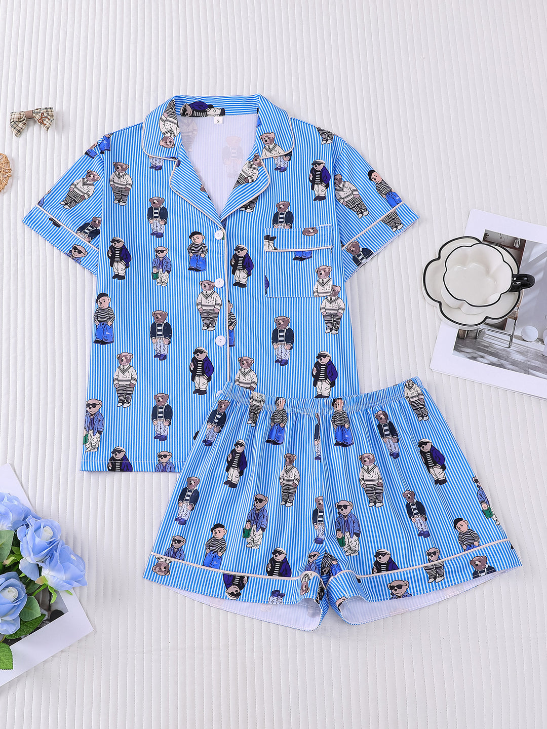 Blue Stripe Bear Print Pajama Set