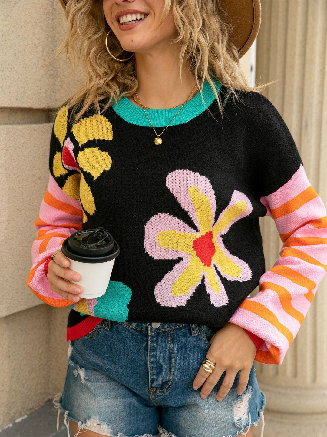 Flower Print Stripe Sleeve Sweater