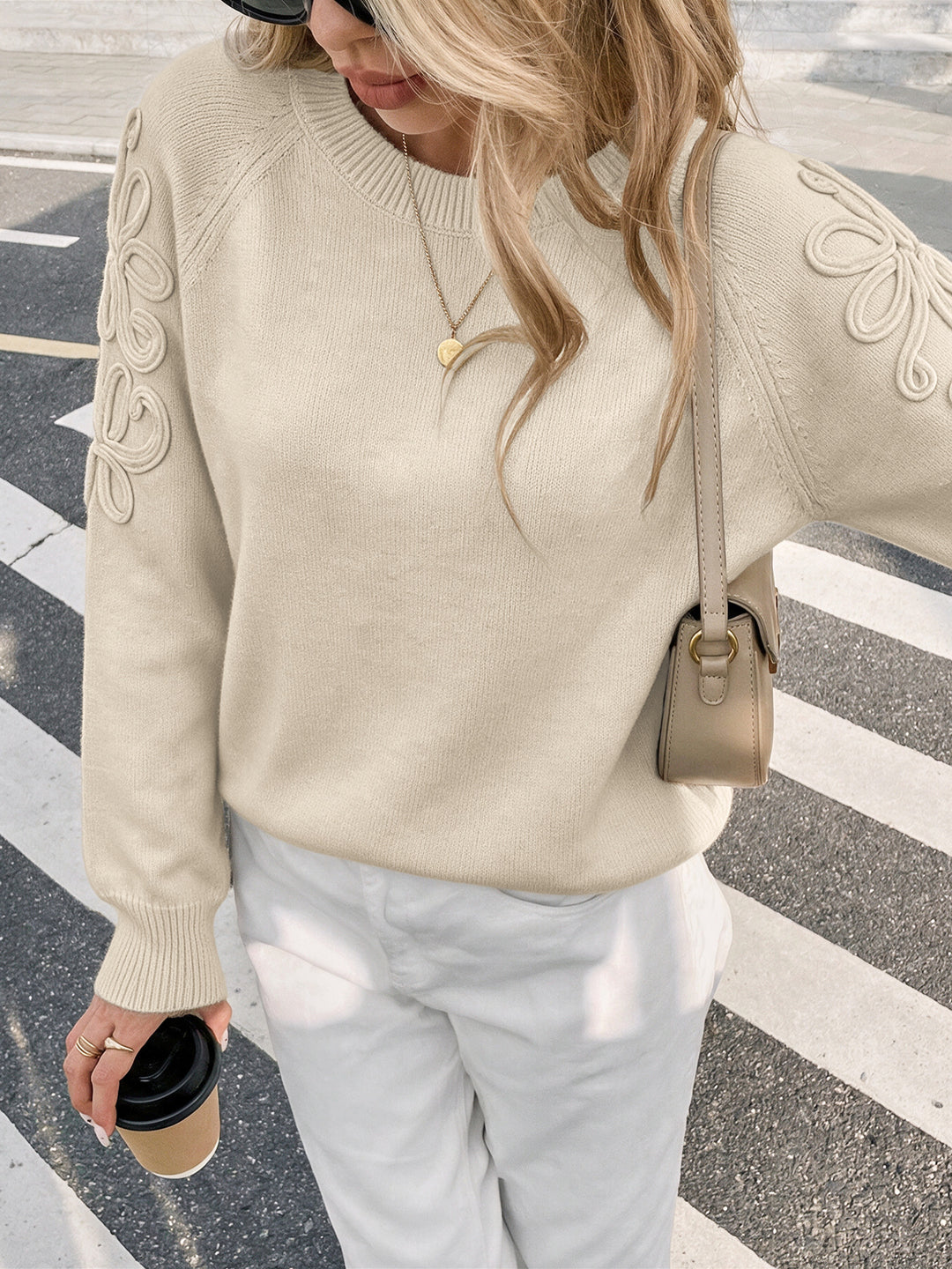 Floral Appliqué Sleeve Crewneck Knit Sweater