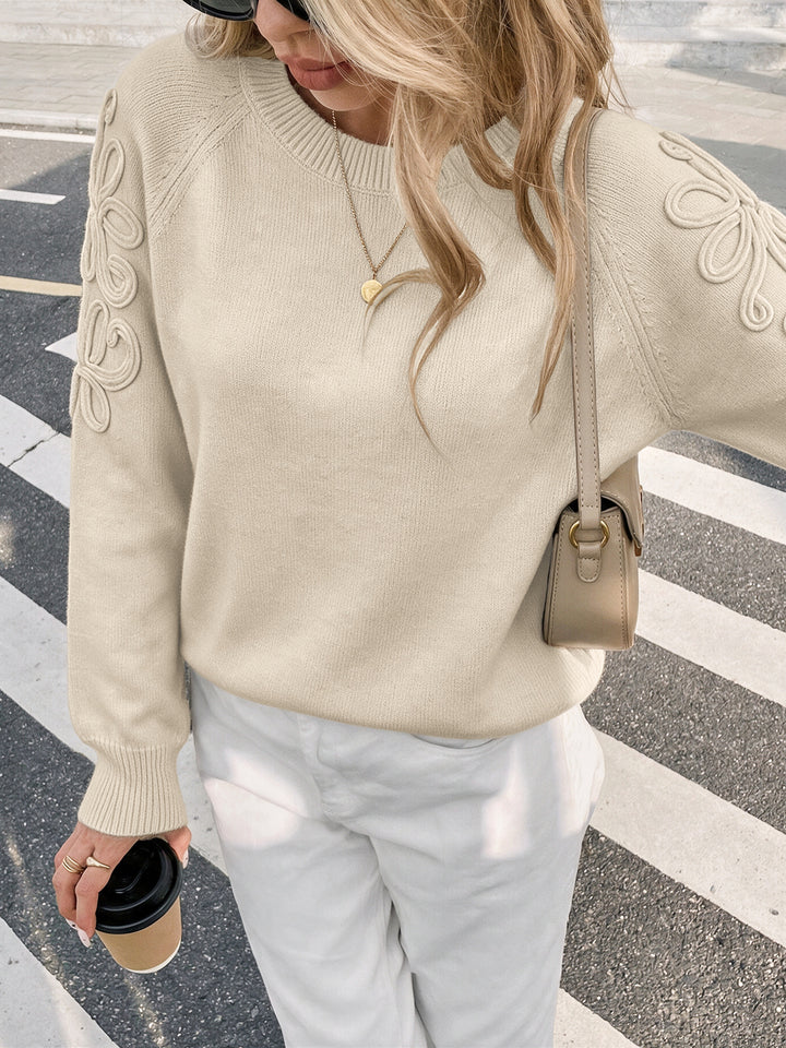Floral Appliqué Sleeve Crewneck Knit Sweater