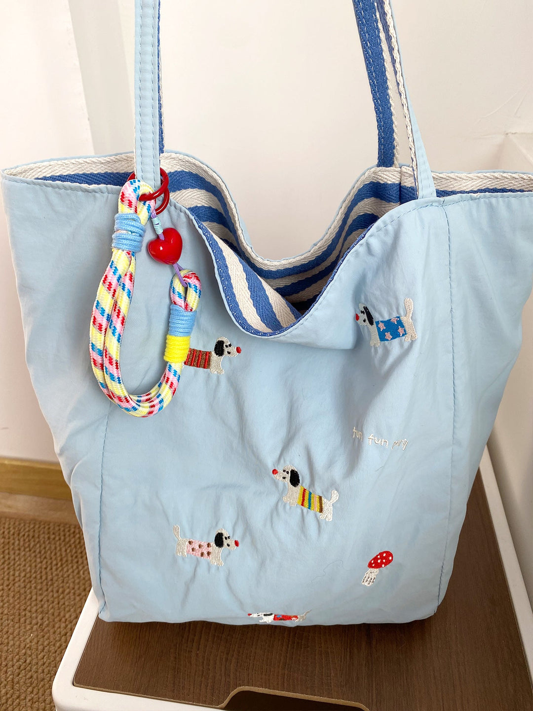 Reversible Playful Pup Striped Tote Bag