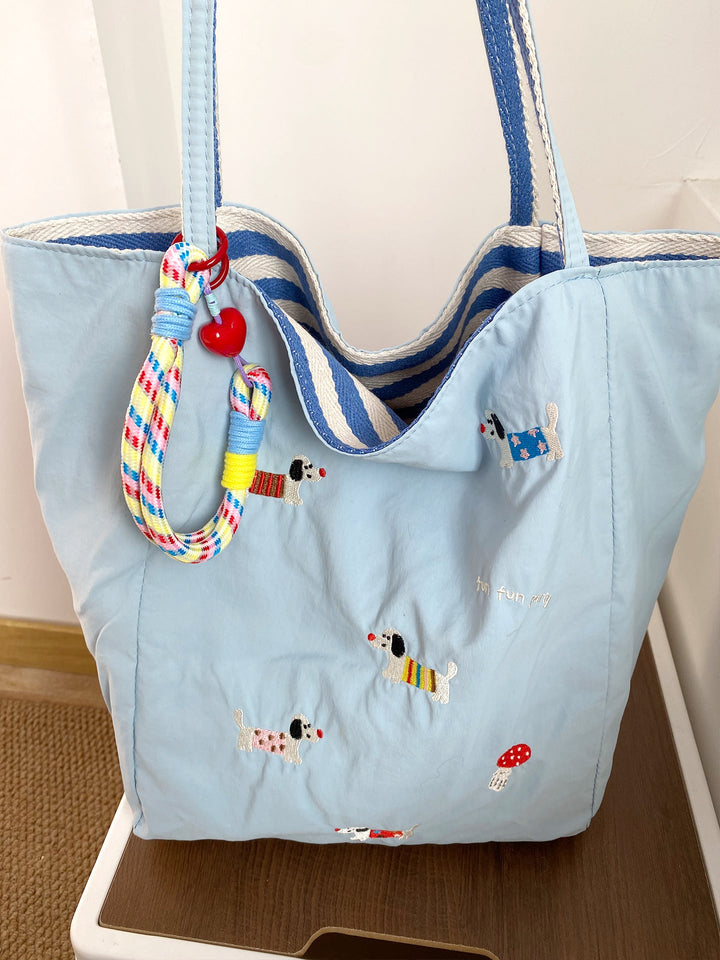 Reversible Playful Pup Striped Tote Bag