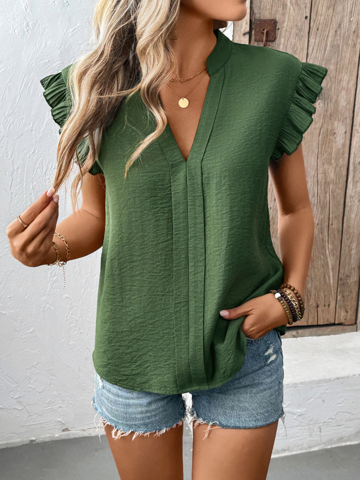 Olive Ruffle Sleeve V-Neck Blouse