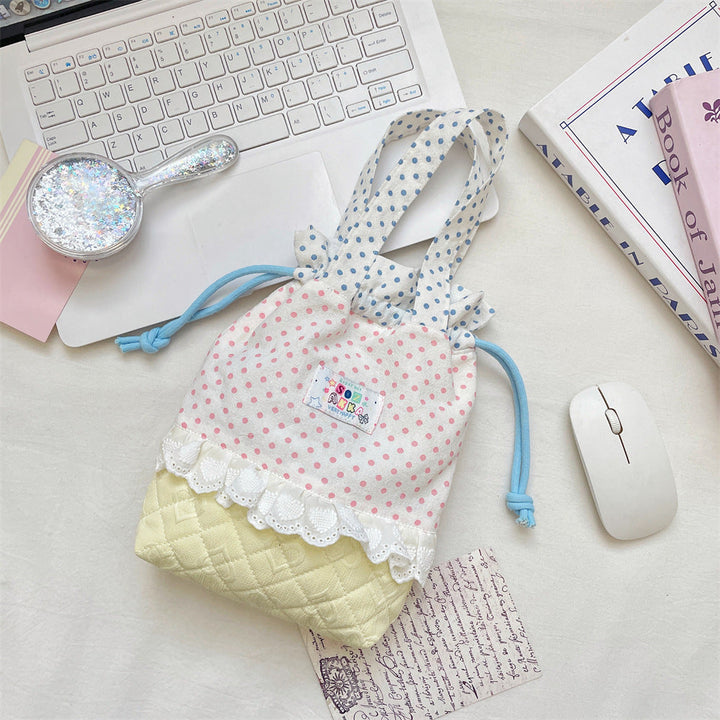 Quilted Polka Dot Drawstring Tote Bag
