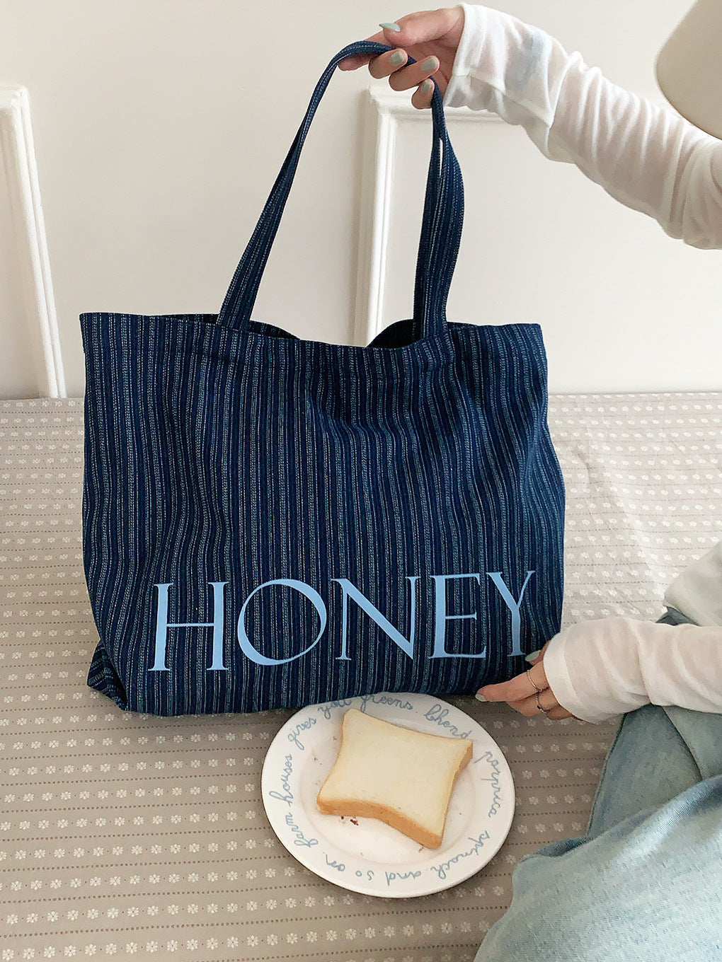“Honey” Coastal Stripe Everyday Tote Bag