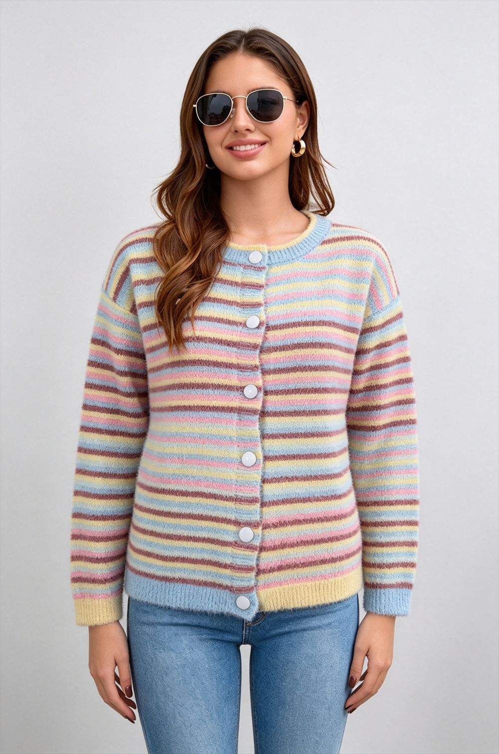 Neutral Stripe Fuzzy Knit Cardigan