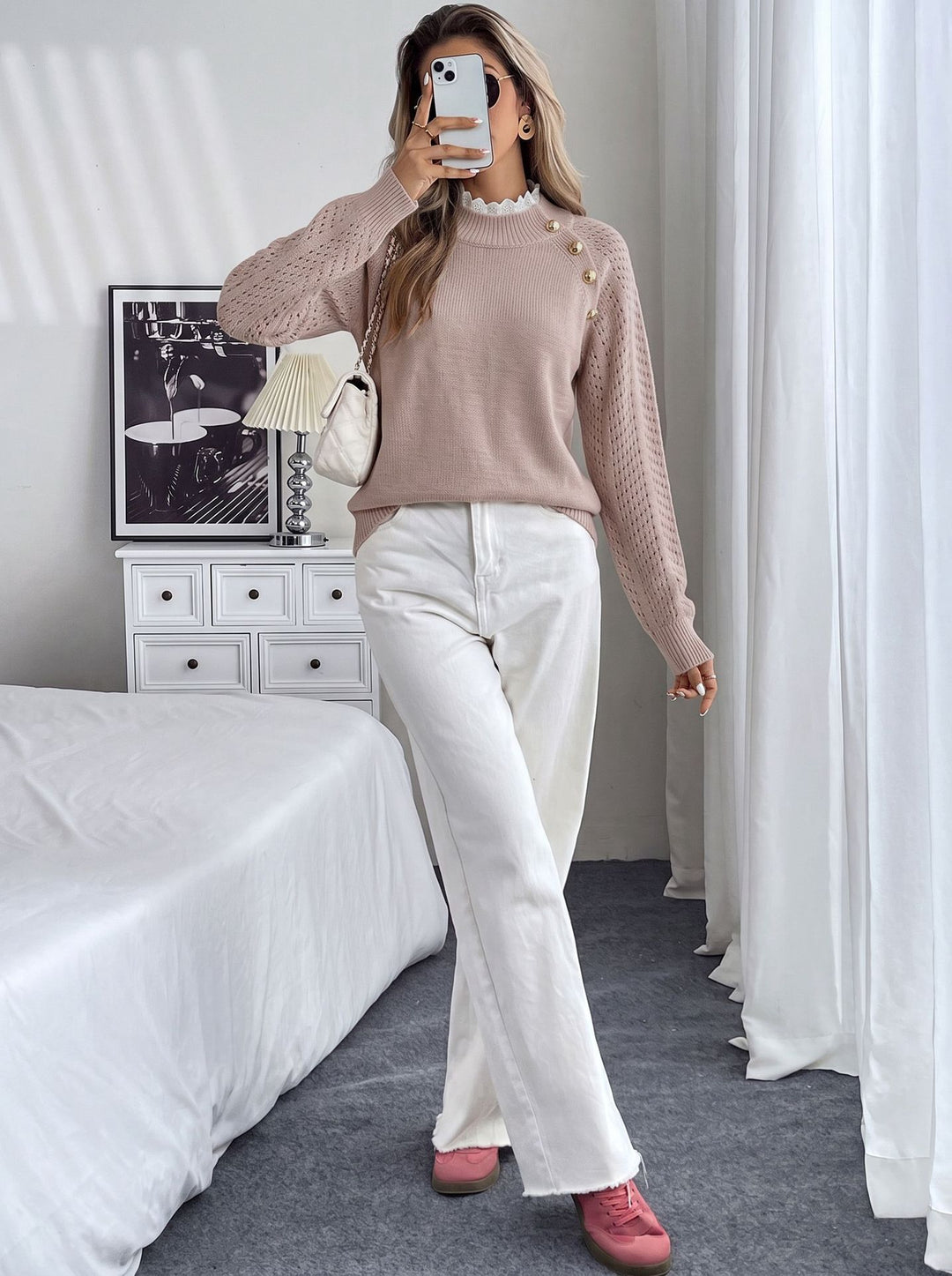 Blush Pointelle Sleeve Button Detail Sweater