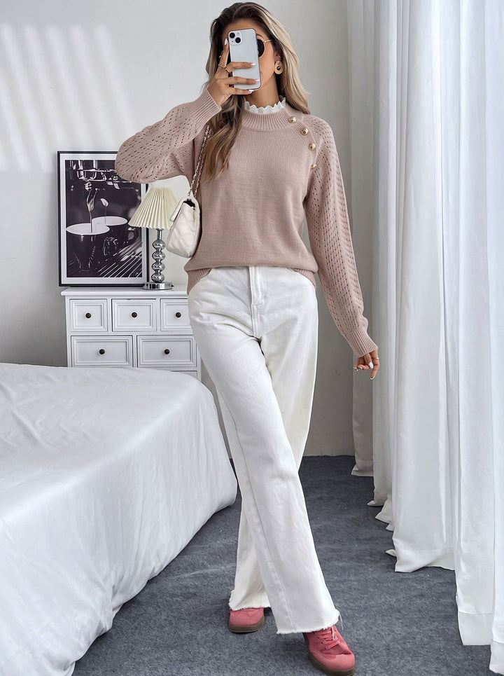 Blush Pointelle Sleeve Button Detail Sweater