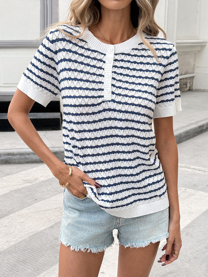 Striped Knit Button Detail Short Sleeve Top