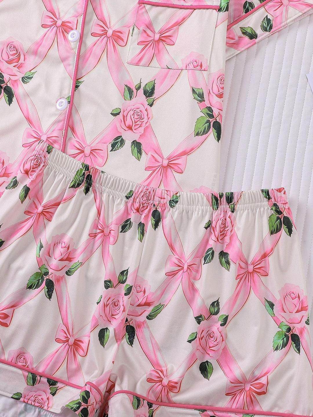 Feminine Bows & Rose Print Pajama Set