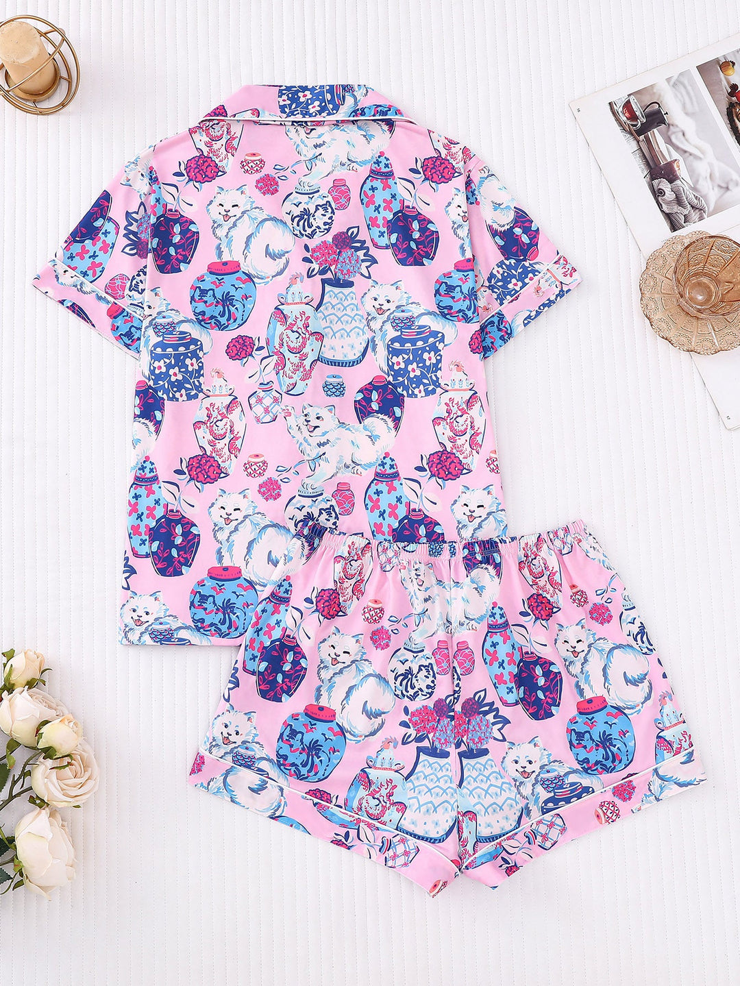 Pink Porcelain Cat Pajama Set