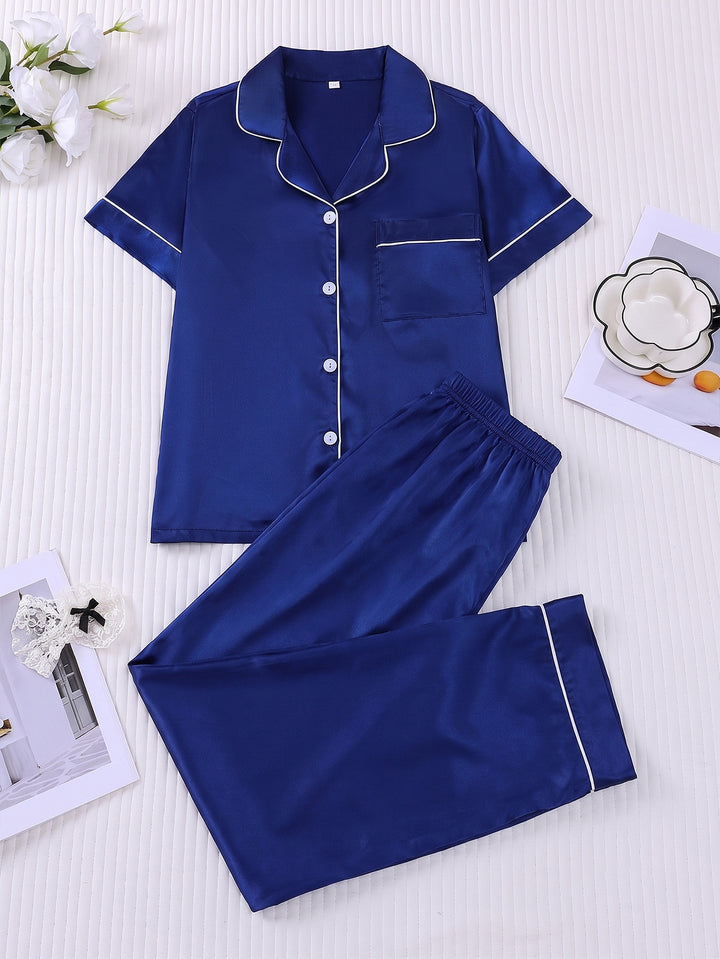 Smooth Fabric Contrast Piping Women's Pajama Set