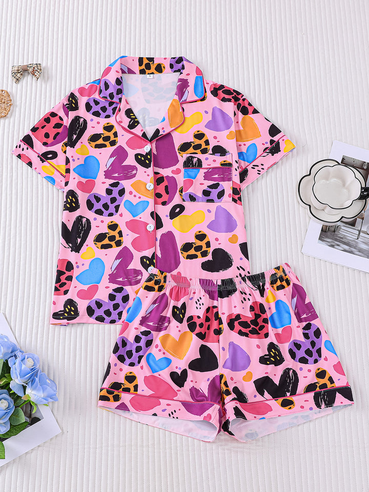 Colorful Heart Print Pajama Set
