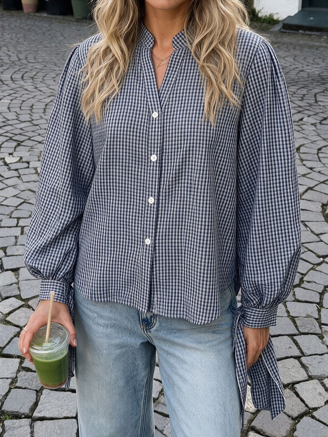 Tie Cuff Plaid Button Down Blouse