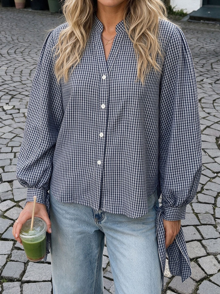 Tie Cuff Plaid Button Down Blouse