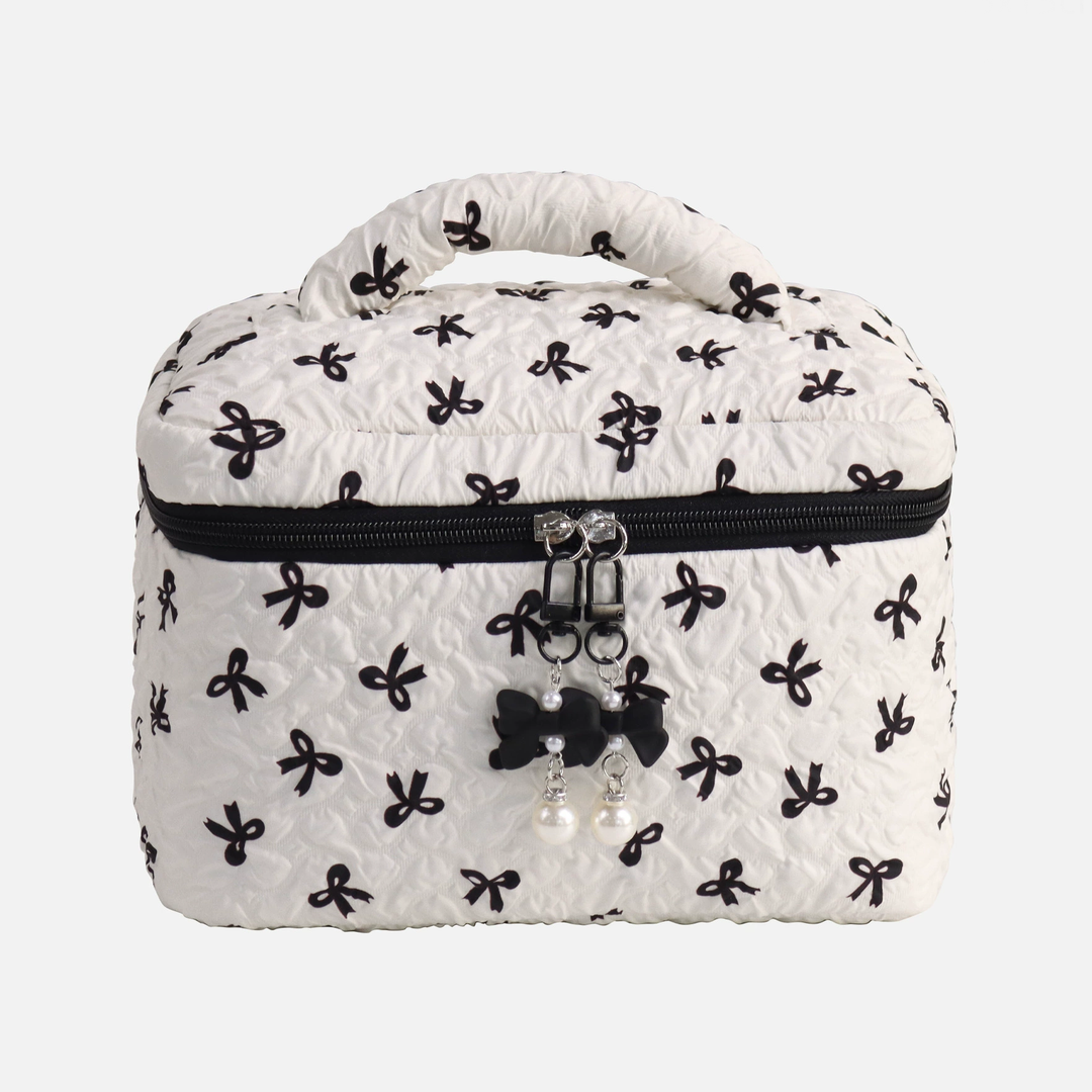 Quilted Bow Print Zip Top Makeup Bag