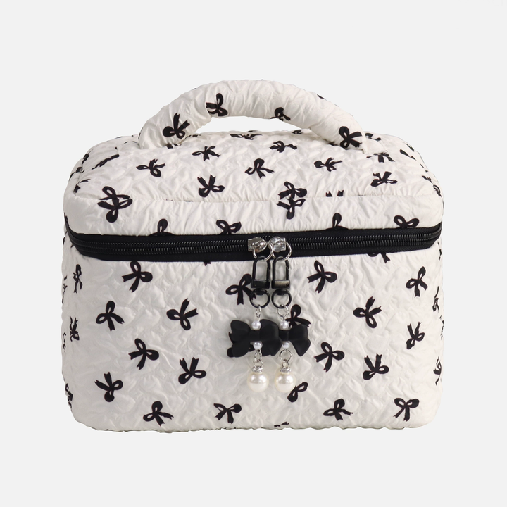 Quilted Bow Print Zip Top Makeup Bag