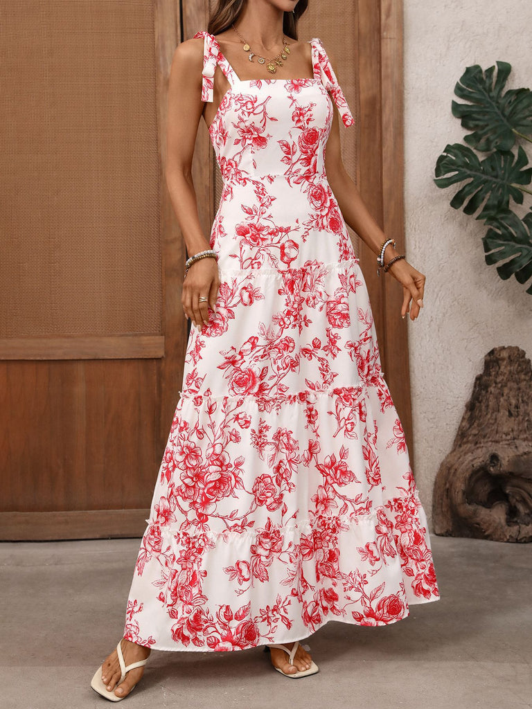 Red Floral Tie Shoulder Tiered Maxi Dress Large