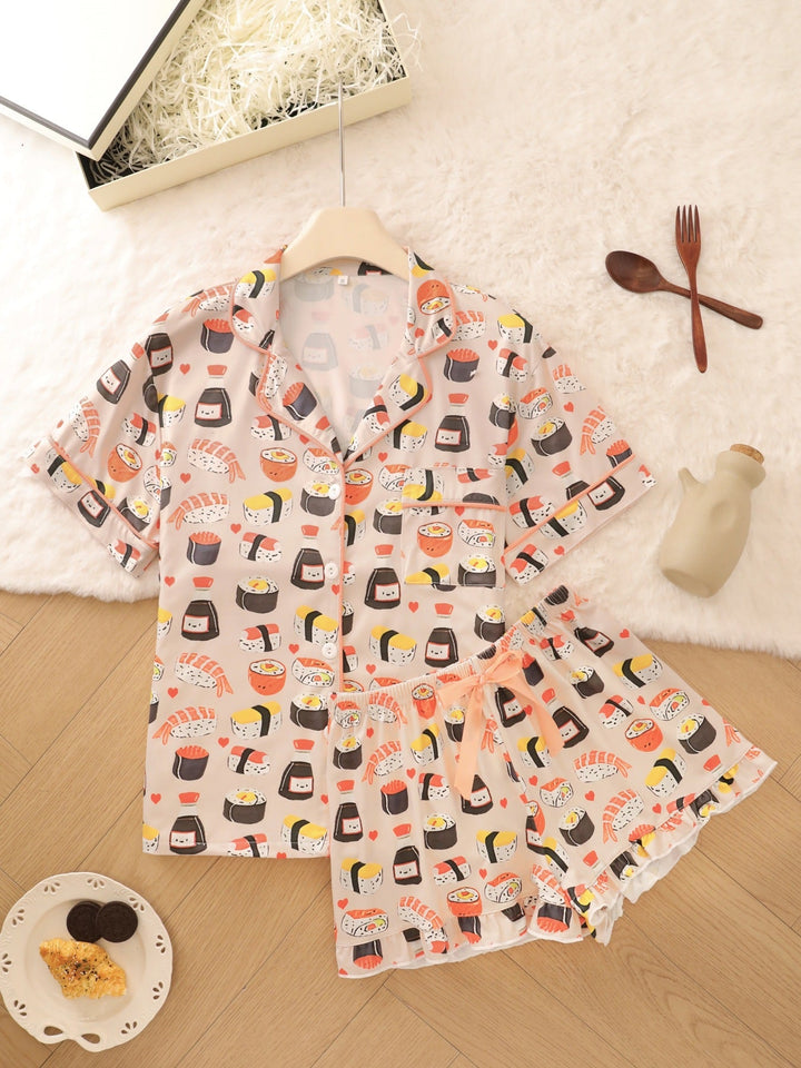 Sushi Print Ruffle Hem Pajama Set