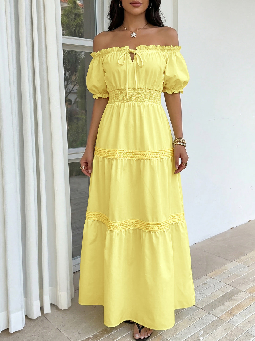 Limoncello Breeze Off-Shoulder Maxi Dress