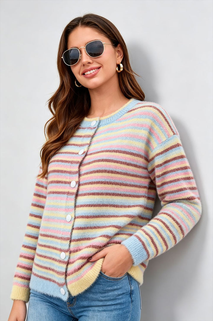 Neutral Stripe Fuzzy Knit Cardigan
