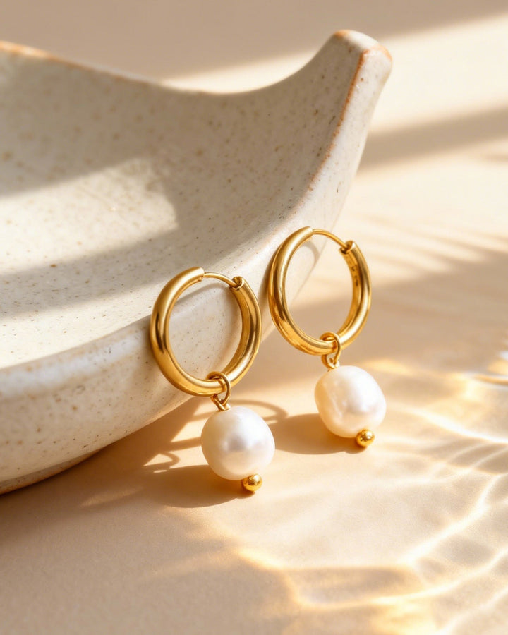 Gold Pearl Huggie Hoop Earrings