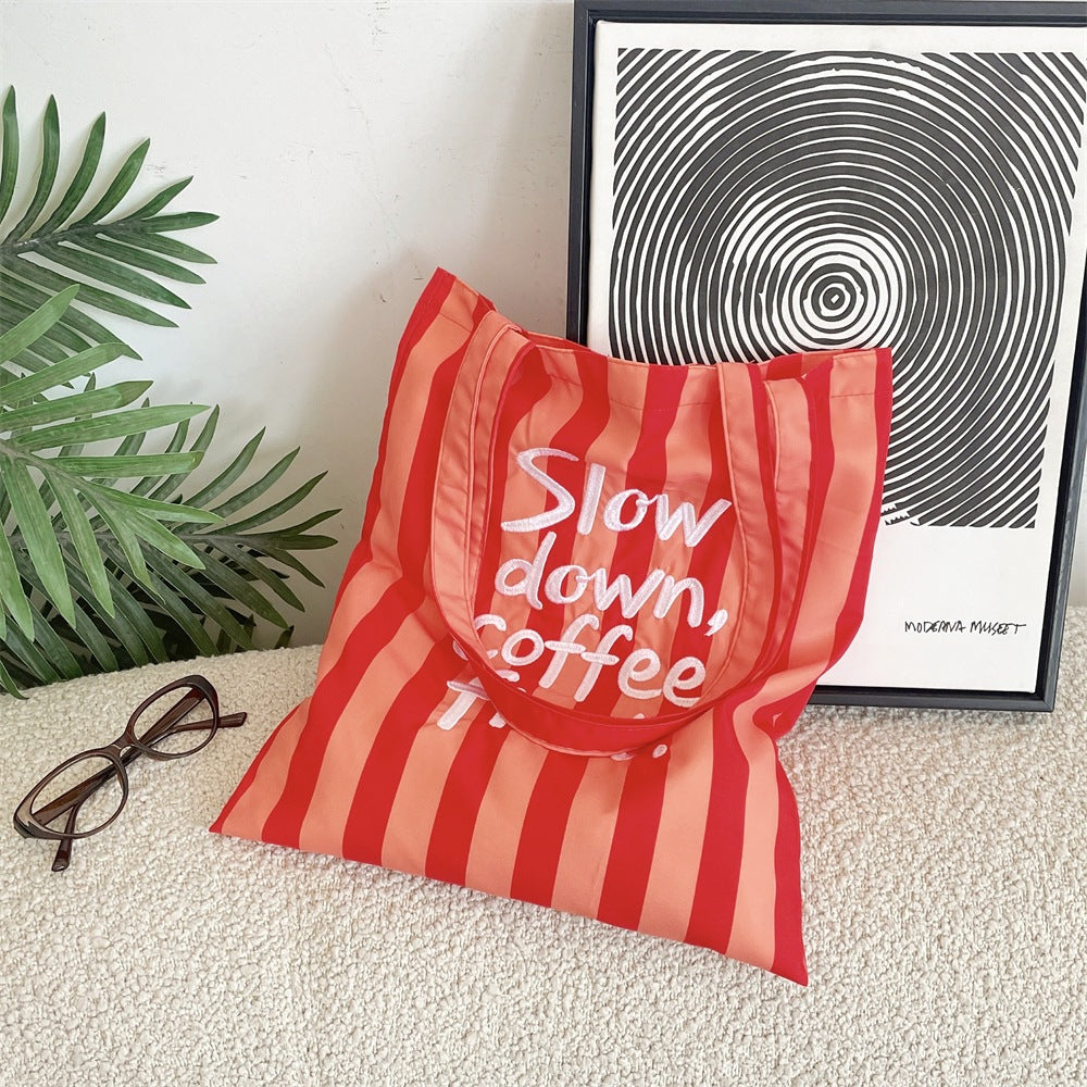 Slow Down, Coffee First Striped Tote Bag