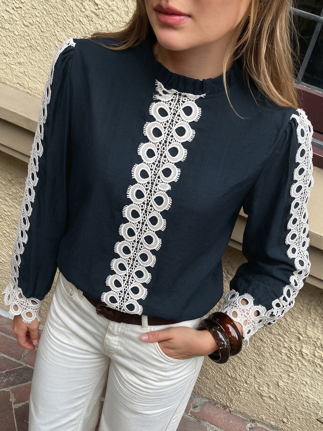 Contrast Lace Trim Blouse