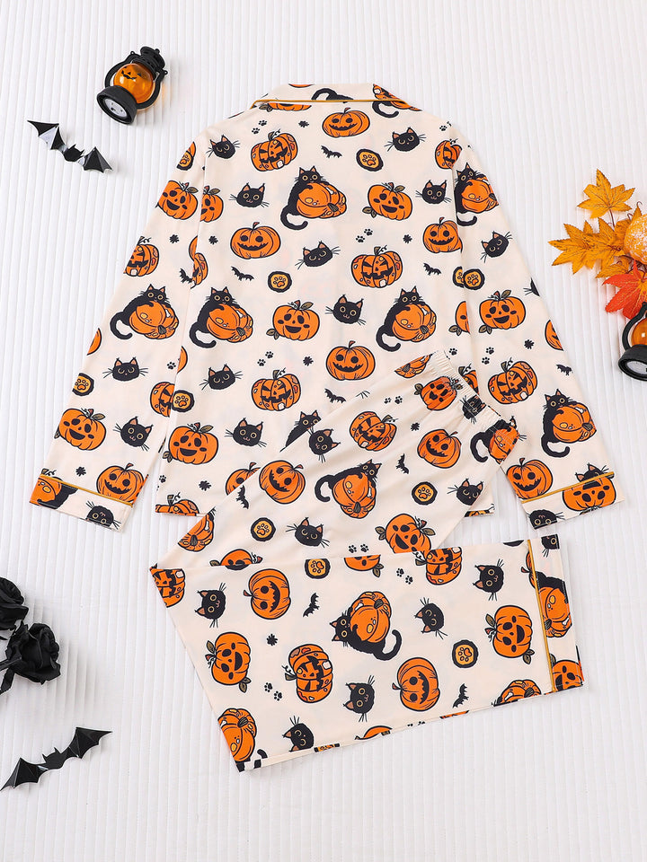 Spooky Cat & Pumpkin Long Sleeve Pajama Set