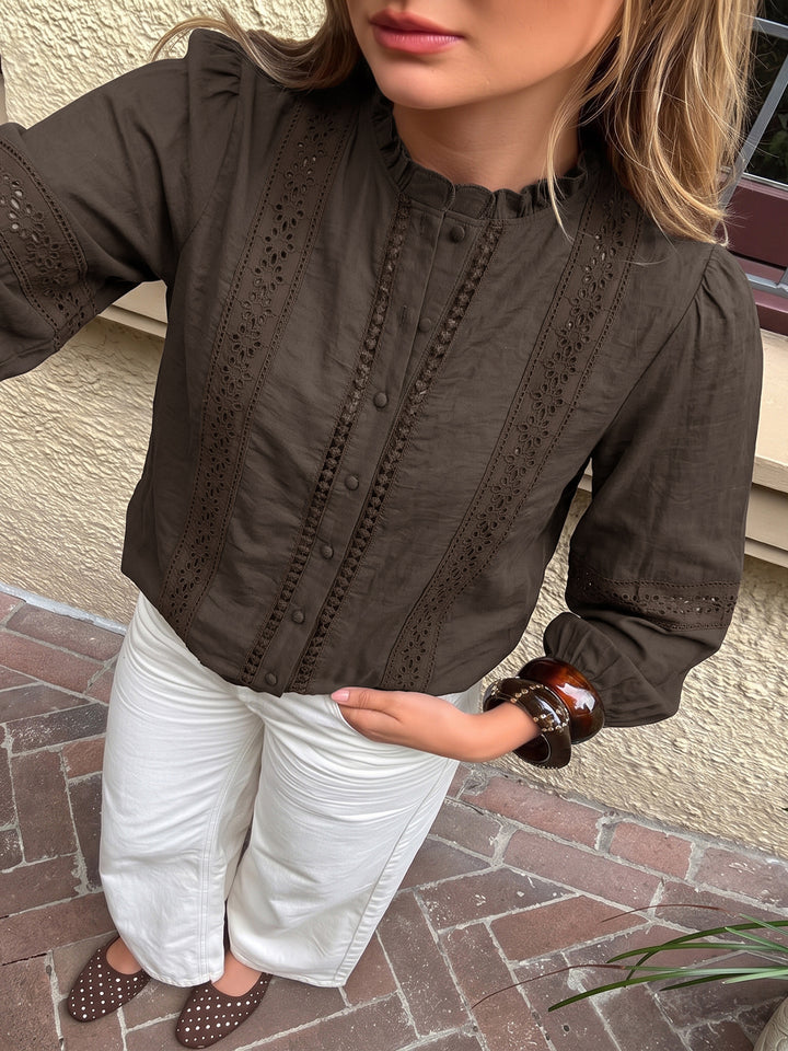 Eyelet Lace Trim Button Blouse