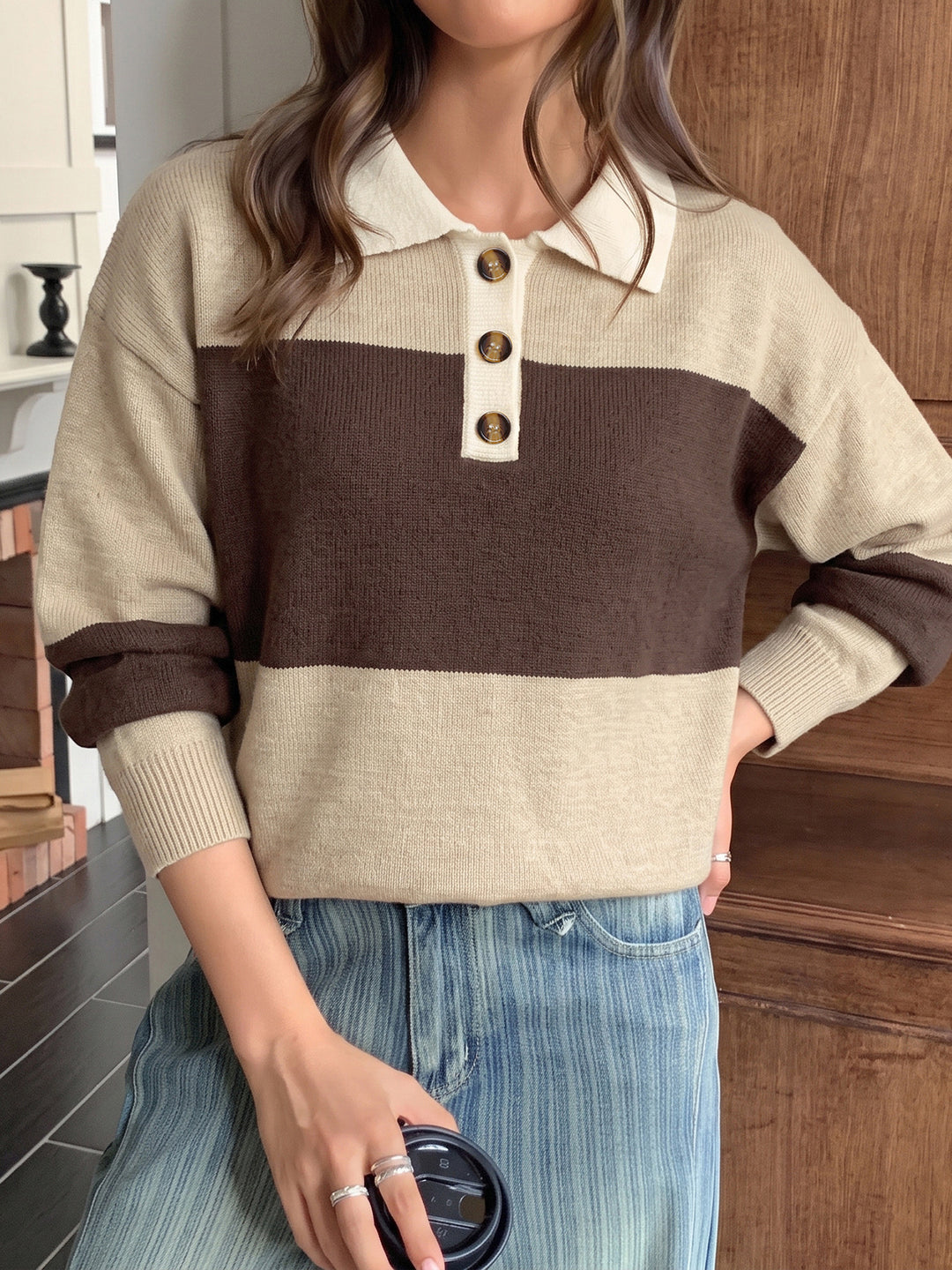 Mocha Stripe Collared Knit Sweater