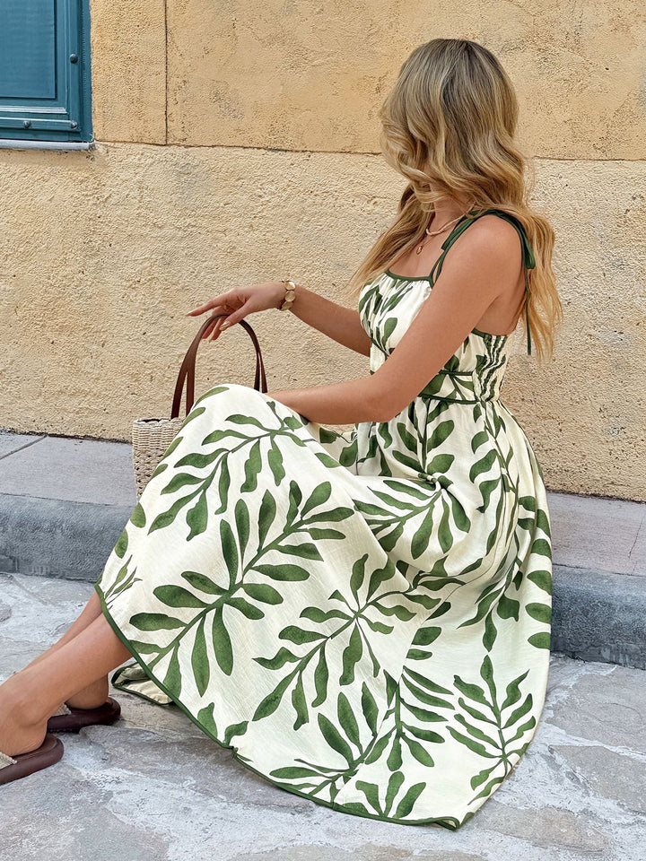 Green Leaf Print Midi Dress
