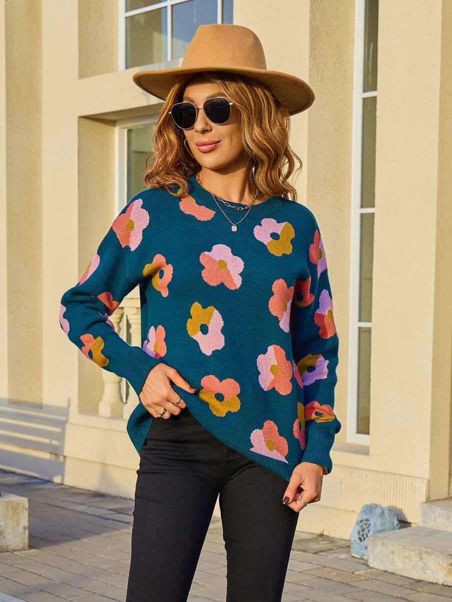 Multicolor Contrast Floral Sweater