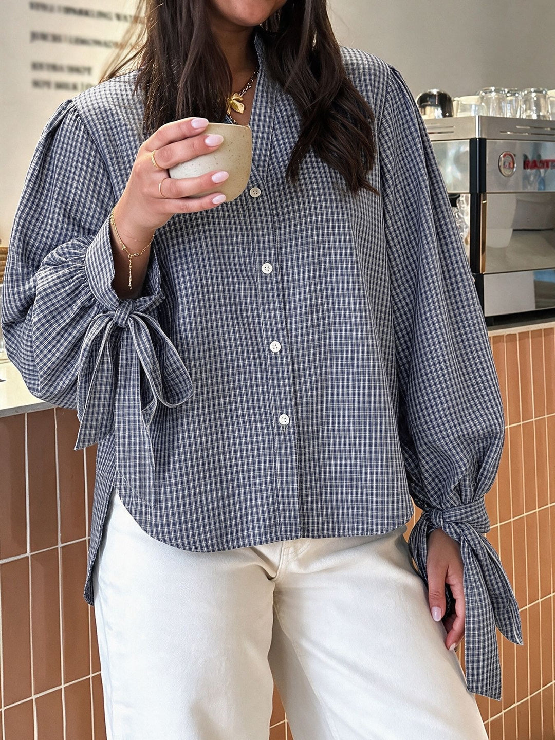 Tie Cuff Plaid Button Down Blouse