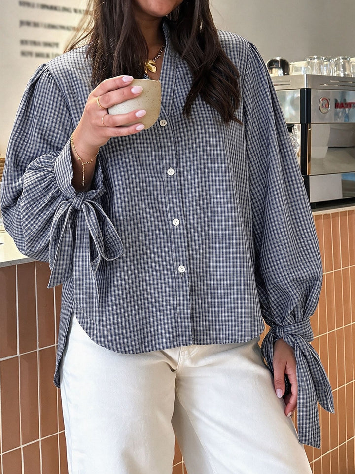 Tie Cuff Plaid Button Down Blouse