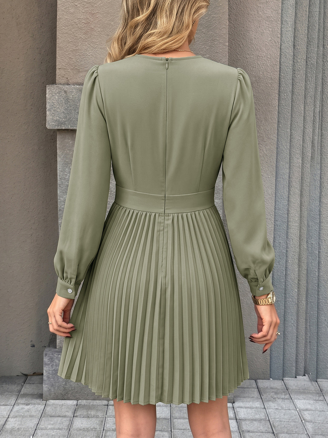 Pleated Waist Long Sleeve Dress