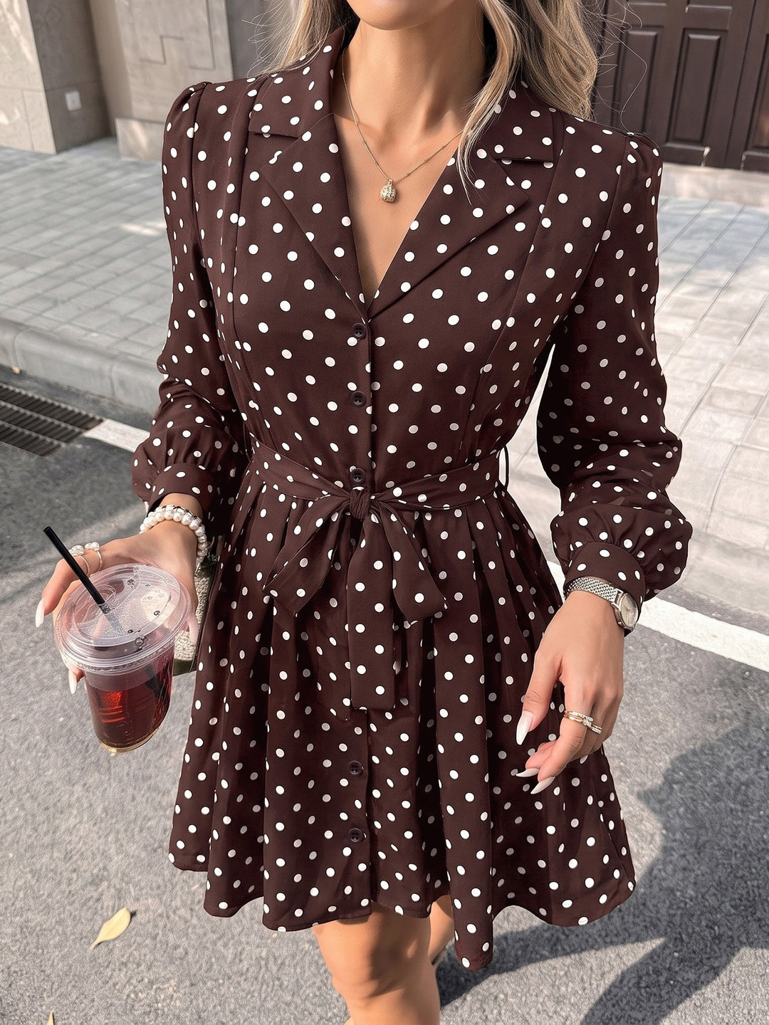 Polka Dot Tie-Waist Shirt Dress