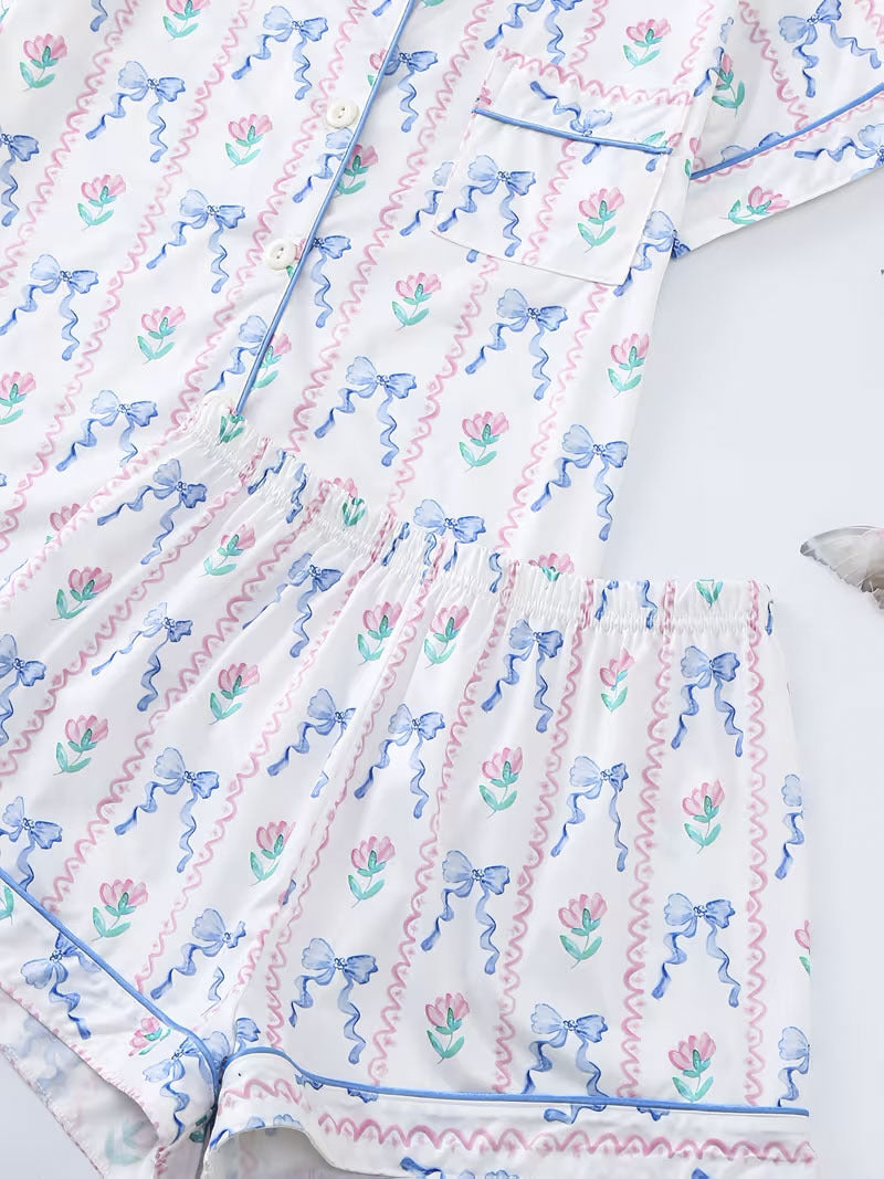 Feminine Bow & Flower Print Pajama Set