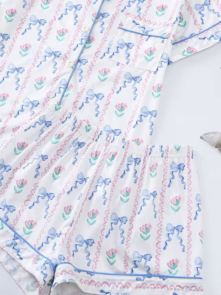 Feminine Bow & Flower Print Pajama Set
