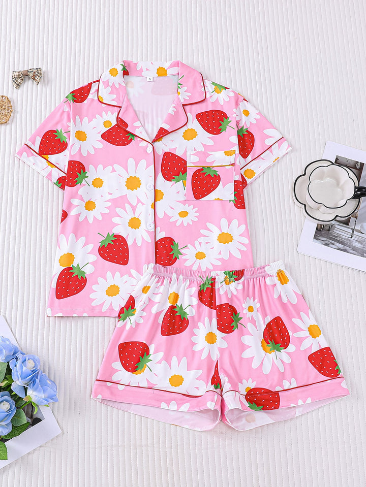 Daisy & Strawberry Print Women's Pajama Shorts Set