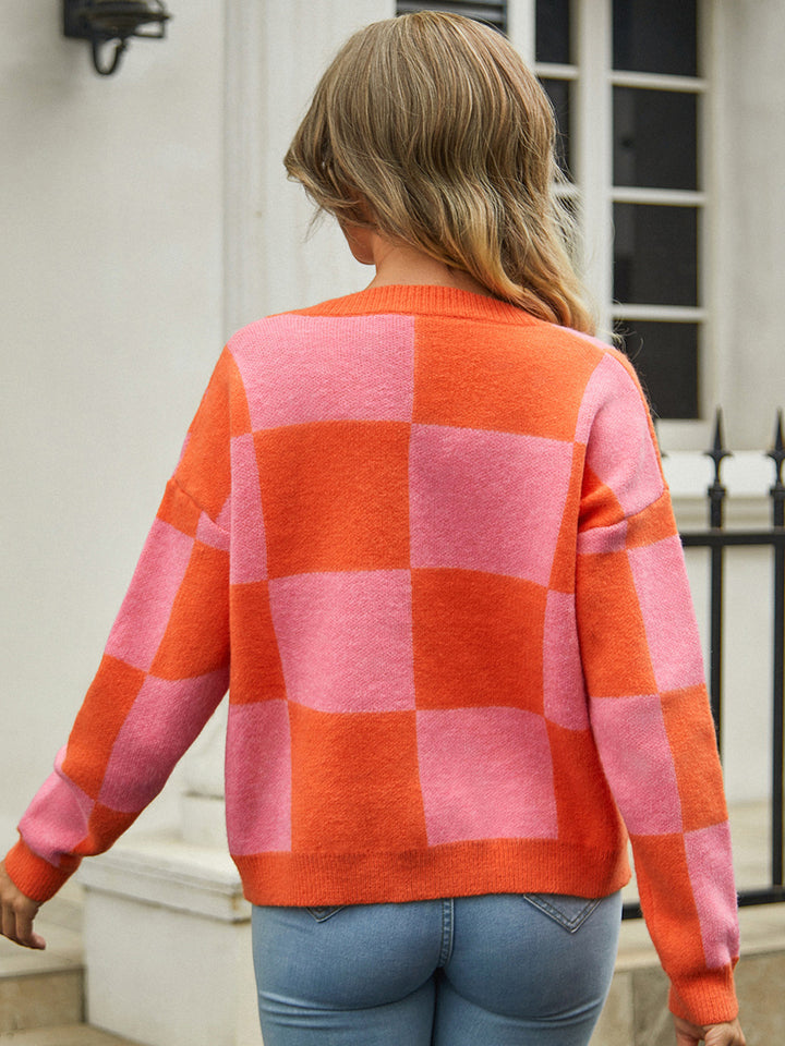 Checkered Button Front Sweater