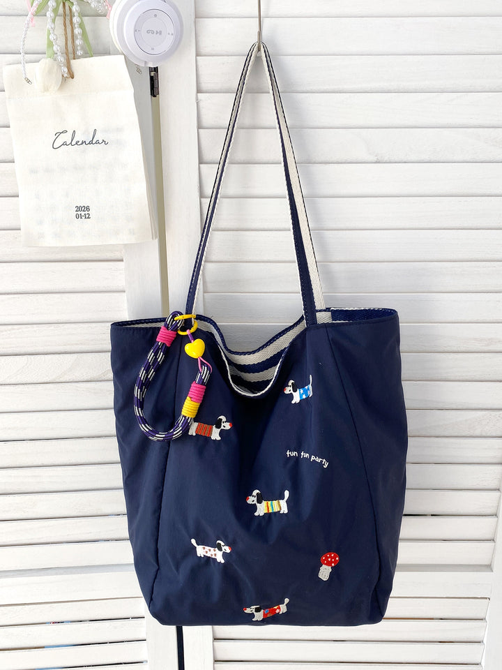 Reversible Playful Pup Striped Tote Bag