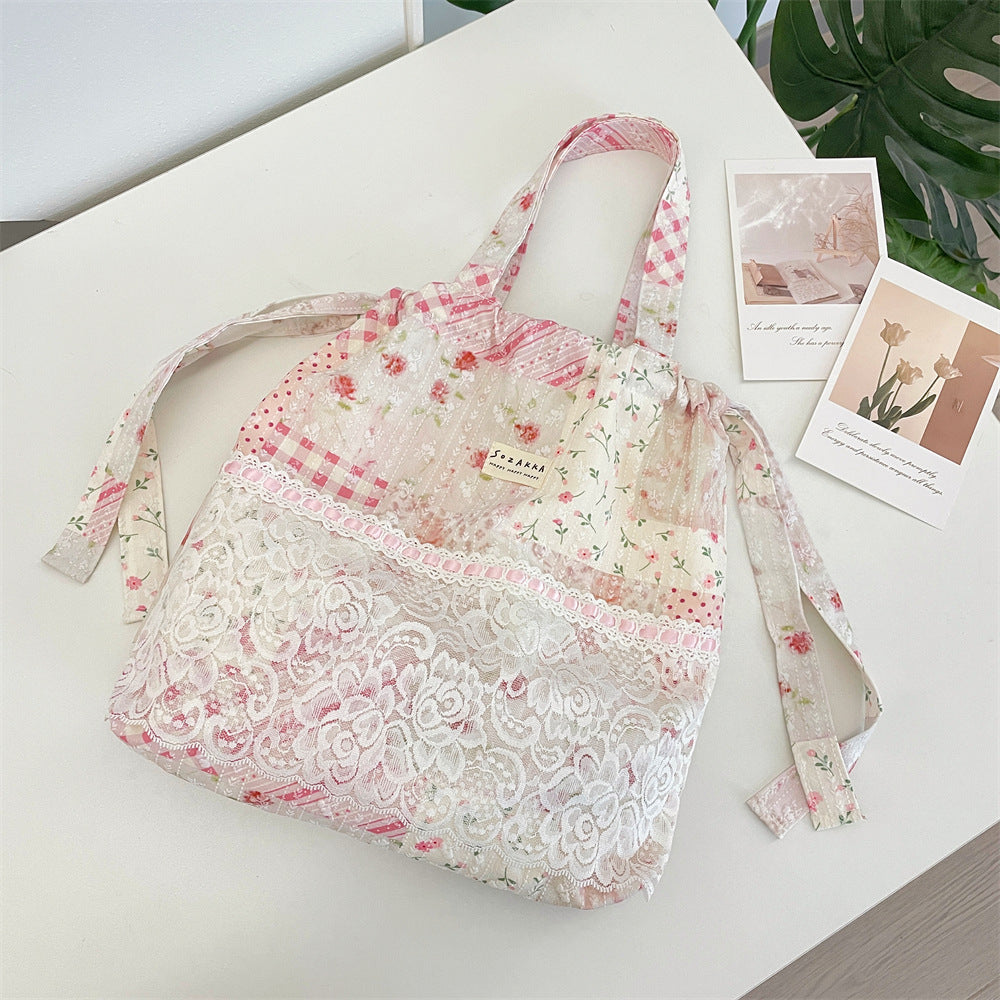 Coquette Lace Patchwork Print Drawstring Tote Bag