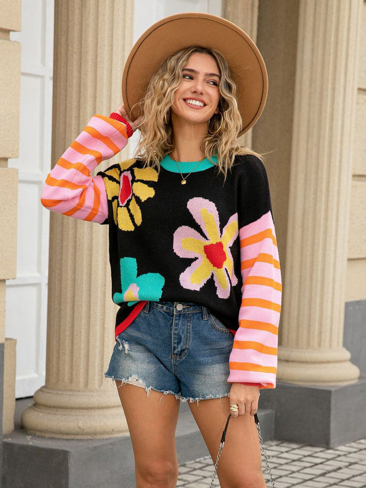 Flower Print Stripe Sleeve Sweater