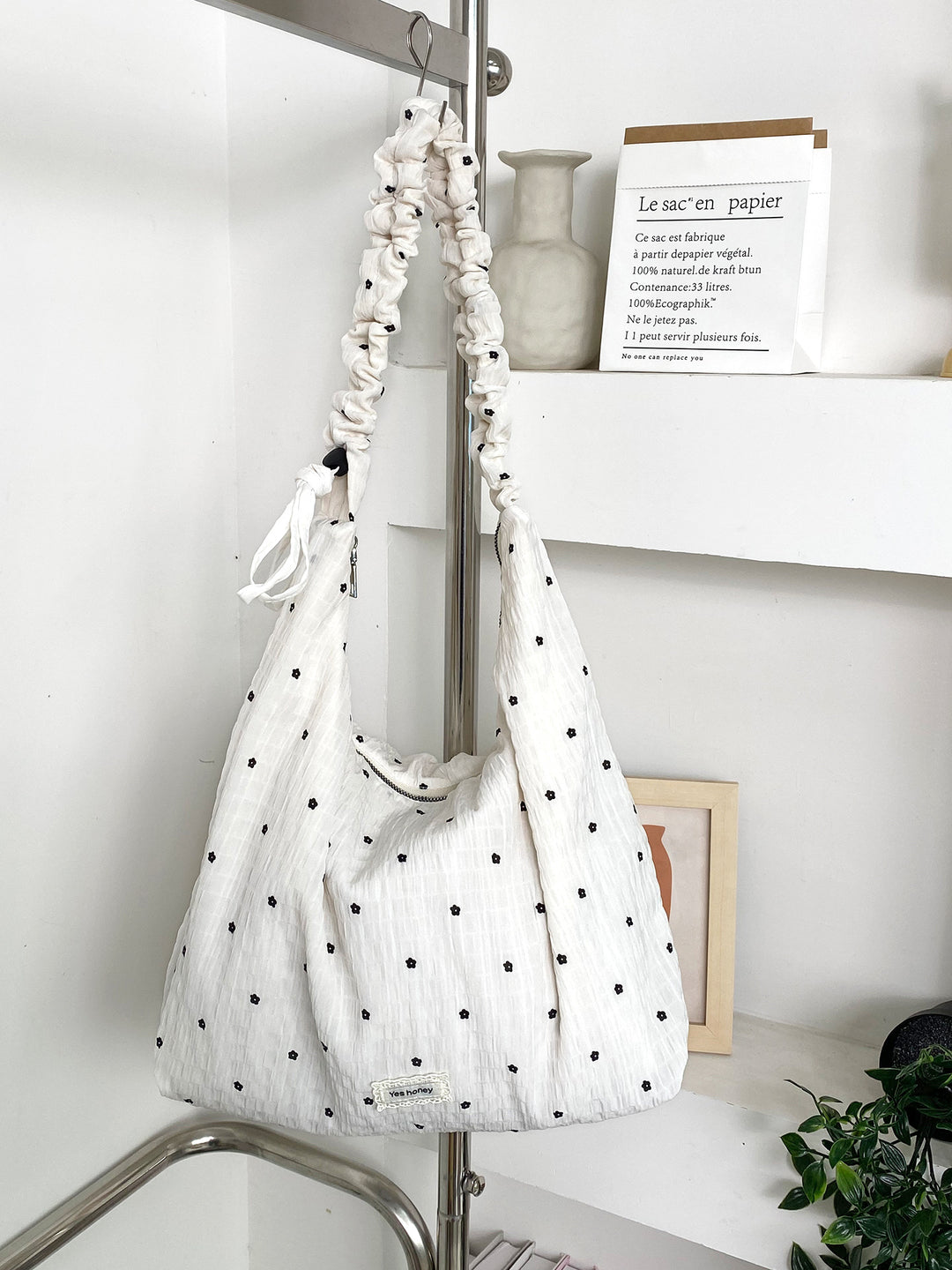 Swiss Dot Ruched Shoulder Hobo Bag