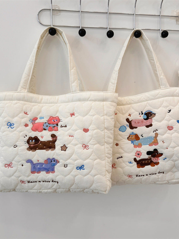 Quilted Cute Animal Embroidered Everyday Tote Bag